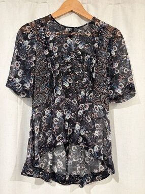 Veronica Beard Black Floral Paisley Sheer Short Sleeve Blouse